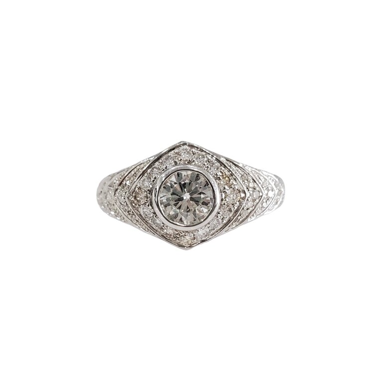Gemdek (R) 14K .58RD VS2 I .27MT , 14K WHITE GOLD BEZEL SET VINTAGE INSPIRED RING, .58CT ROUND DIAMOND CENTER WITH .27CT ON THE MOUNTING