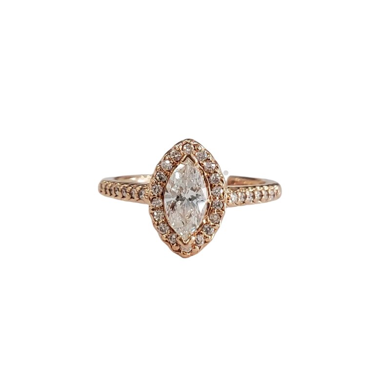 (R) 14KR .53CT .21CT , 14K ROSE GOLD HALO MARQUISE BRIDAL RING SI2 I