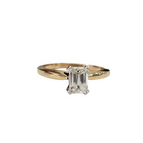 (R) 14K .56CT J VS2 EC , 14K YELLOW GOLD CATHEDRAL BRIDAL RING WITH WHITE GOLD PRONGS, EMERALD CUT NATURAL DIAMOND CENTER