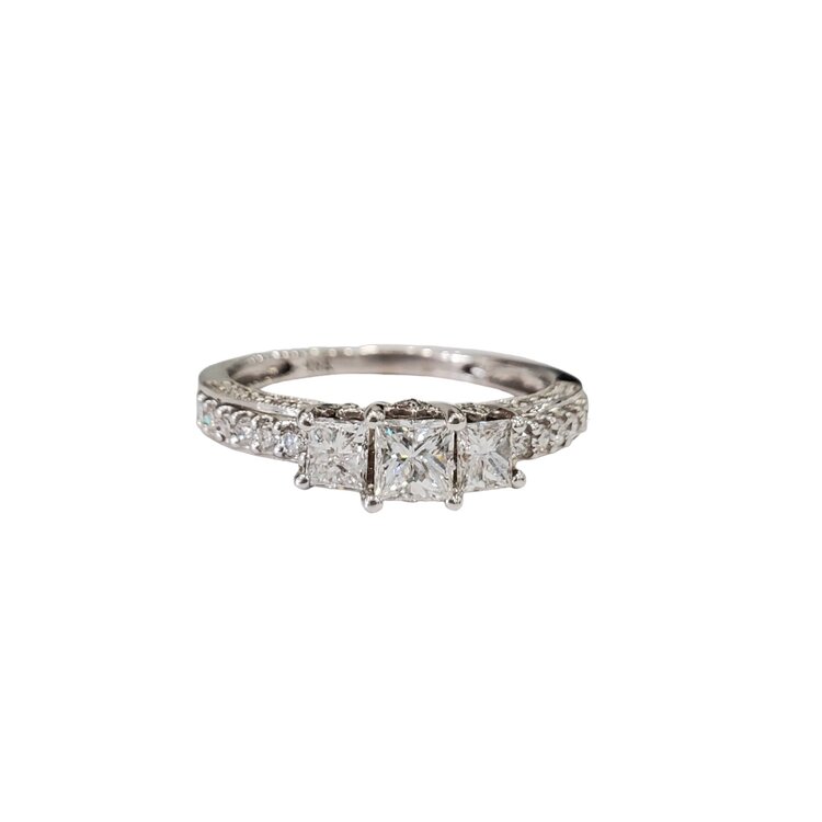 (R) 18K .66PR .24MTG VS1 E , 18K WHITE GOLS 3 STONE ANNIVERSARY & BRIDAL RING, 3 PRINCESS CUT DIAMOND AND ROUND PAVE’ SET DIAMONDS