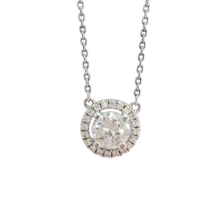 PRIMA NEW YORK (Y) 14KW .50CT RB H VS2 .16CT HALO PENDANT