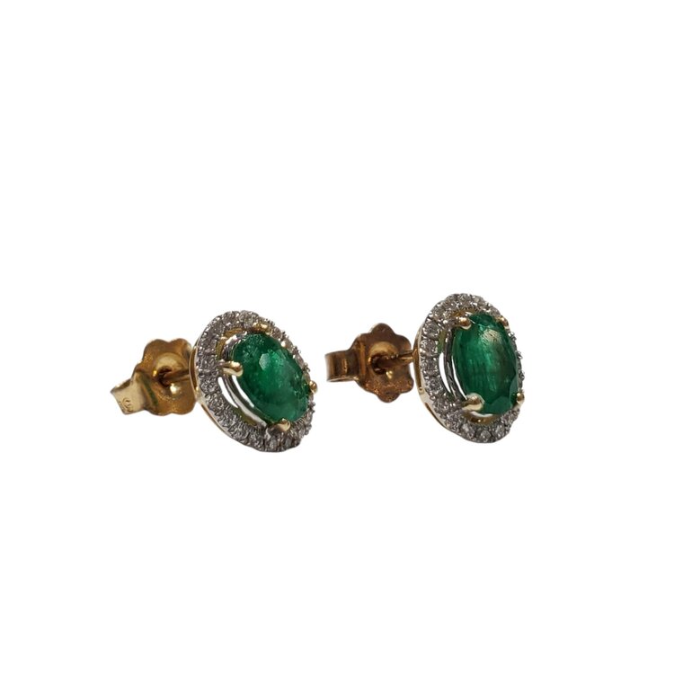KALLATI M(R) 14KY .90CT ZAMBIAN EMERALD .13CT DIAMOND HALO EMERALD STUDS