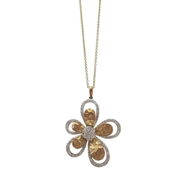 Gemdek M(R) 14KY 1.02CT CLUSTER DIAMOND HAMMERED GOLD FLOWER PENDENT