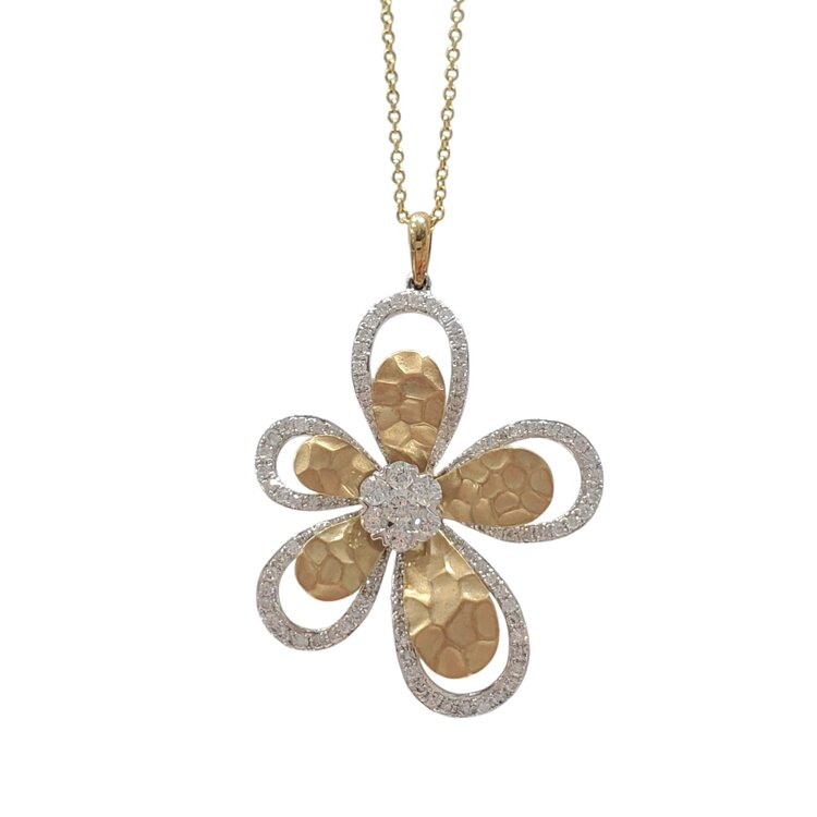 Gemdek M(R) 14KY 1.02CT CLUSTER DIAMOND HAMMERED GOLD FLOWER PENDENT
