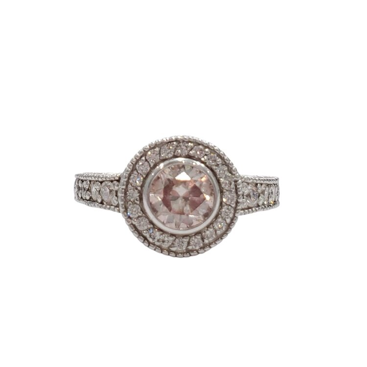(R) 14K .55PK IRR .30MTG , 14K WHITE GOLD .55CT IRRADIATED PINK DIAMOND BEZELED VINTAGE ENGAGEMENT RING .33CT ON THE MOUNTING