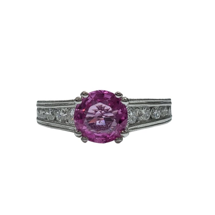 Gemdek M(R) 14K 1.53CT PNK SAP GIA .40CT FILIGREE CHANNEL SET LADIES RING