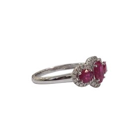 PRIMA NEW YORK M(R) 14K 1.29CT THREE STONE RUBY .17CT HALO FASHION RING