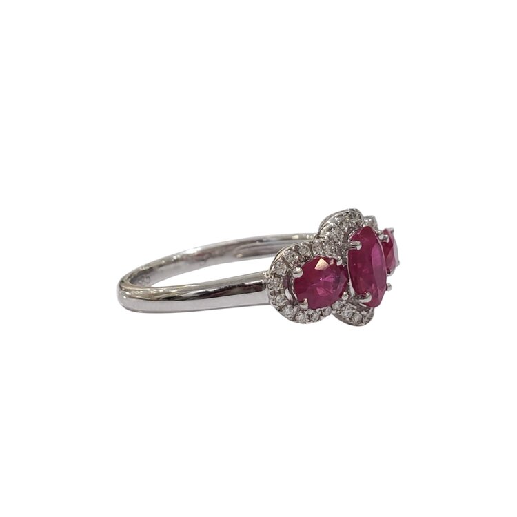 PRIMA NEW YORK M(R) 14K 1.29CT THREE STONE RUBY .17CT HALO FASHION RING