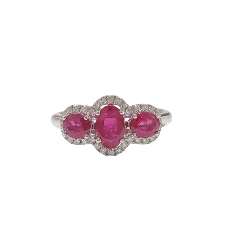 PRIMA NEW YORK M(R) 14K 1.29CT THREE STONE RUBY .17CT HALO FASHION RING