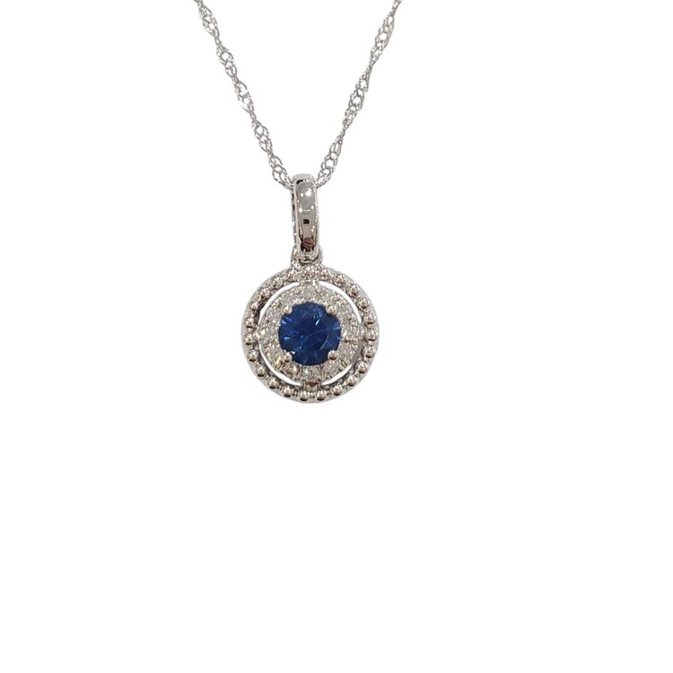 GBC (R) 14KW .31CT SAP .06CT GENUINE SAPPHIRE AND DIAMOND HALO PENDANT