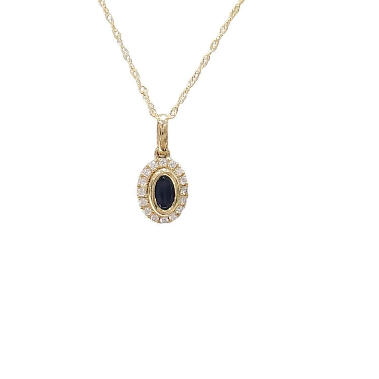 GBC (R) 14KY .35CT SAP .08CT GENUINE BEZELED SAPPHIRE AND DIAMOND HALO PENDANT
