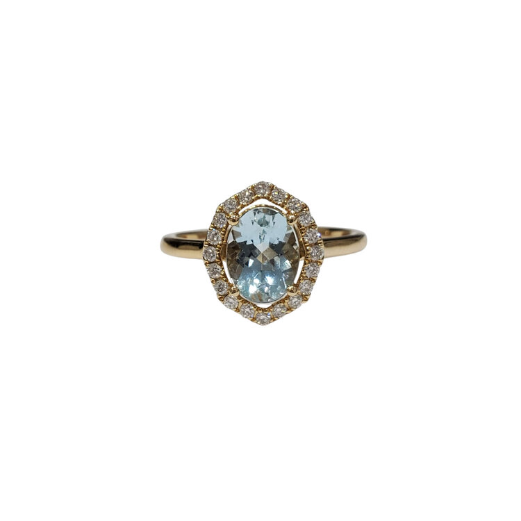 GBC (R) 14K 1.09CT AQUA OVAL CUT .21CT TDW HALO SOLITARE RING