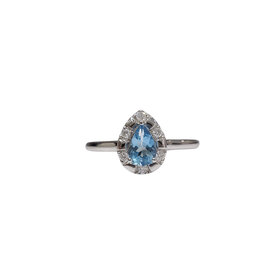 GBC (R) 14K .33CT AQUA PEAR CUT .07TDW HALO SOLITARE RING