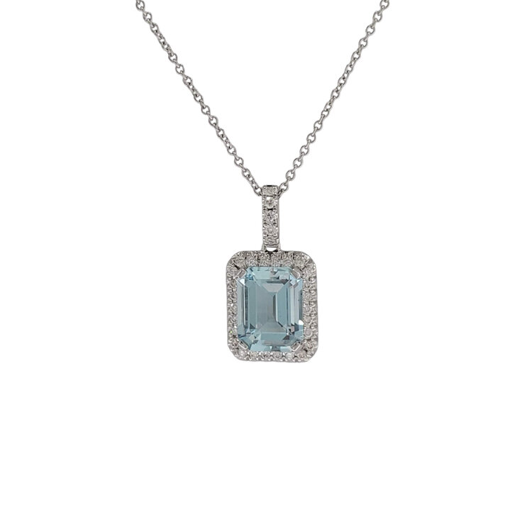 GBC (Y) 14K 2.03CT AQUA EMERALD CUT .20CT HALO DIAMOND SOLITARE PENDENT