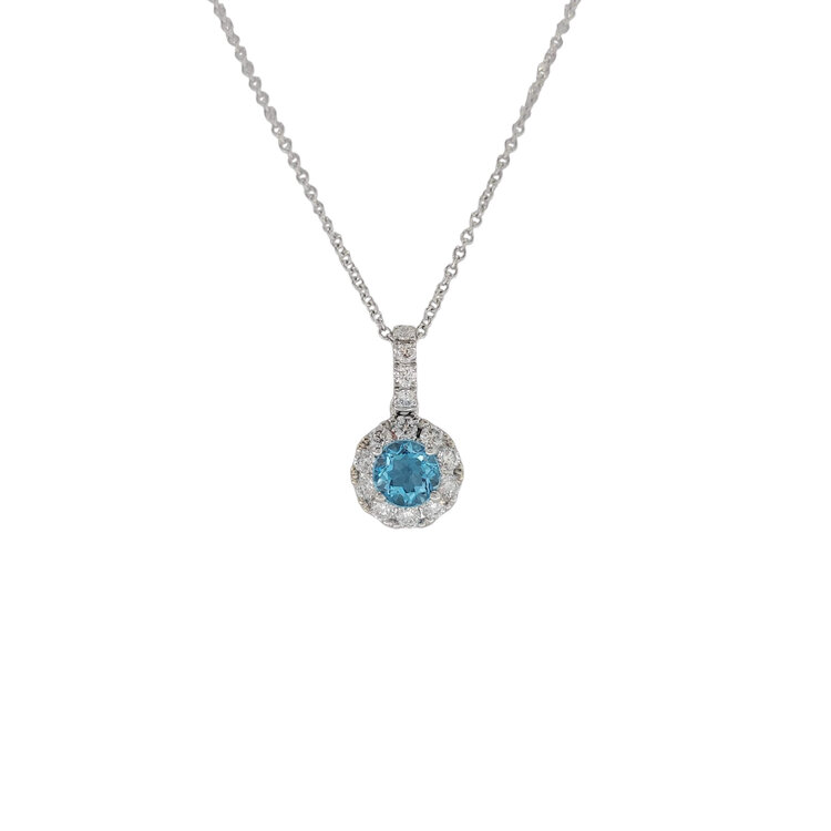 GBC (Y) 14K .58CT BLUE TOPAZ .25CT HALO DIAMOND SOLITARE PENDENT