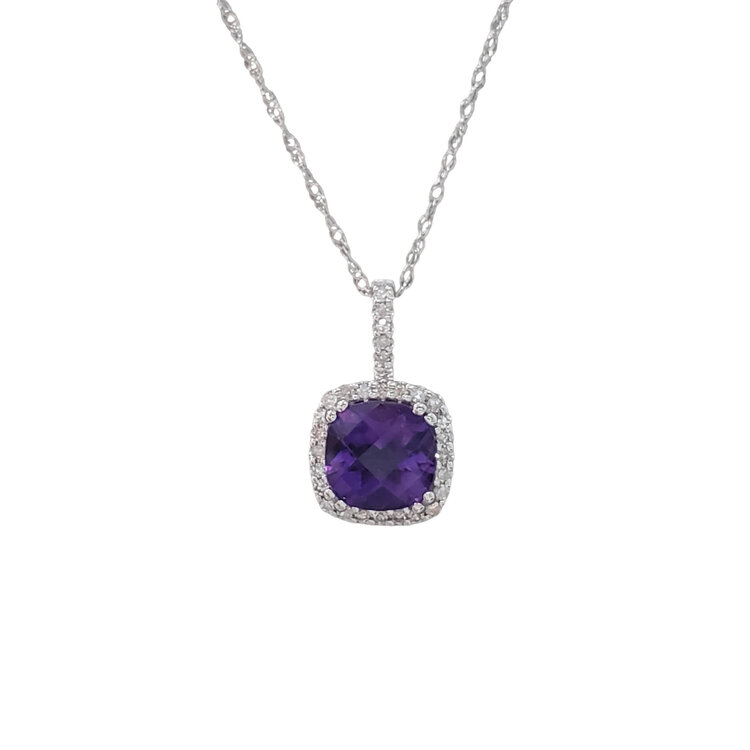 CB (Y) 10K AMETHYST CUSHION CUT .09TDW DIAMOND HALO PENDENT