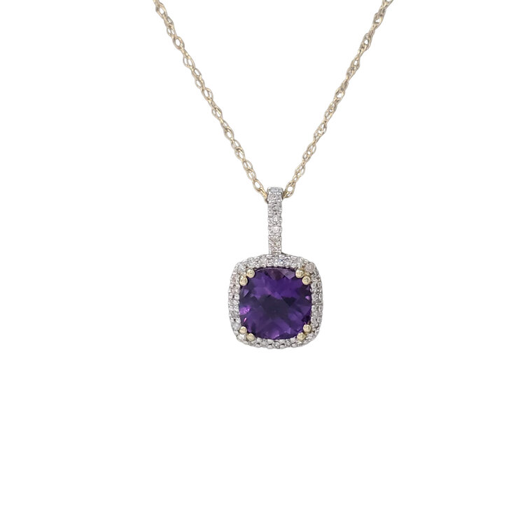 CB (Y) 10KY AMETHYST CUSHION CUT .09TDW DIAMOND HALO PENDENT