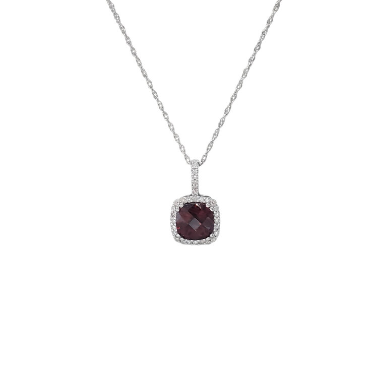 (Y) 10K GARNET CUSHION CUT .09TDW DIAMOND HALO PENDENT