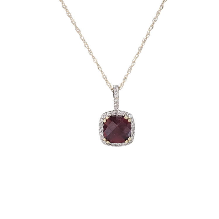 CB (Y) 10KY GARNET CUSHION CUT .09TDW DIAMOND HALO PENDENT