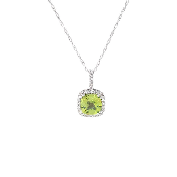 CB (Y) 10K PERIDOT CUSHION CUT .09TDW DIAMOND HALO PENDENT
