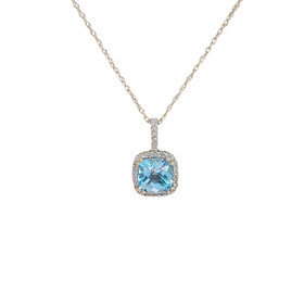 CB (Y) 10KY BL TOPAZ CUSHION CUT .09TDW DIAMOND HALO PENDENT
