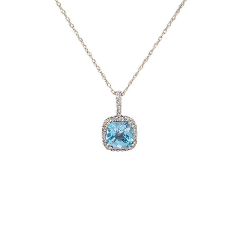 CB (Y) 10KY BL TOPAZ CUSHION CUT .09TDW DIAMOND HALO PENDENT