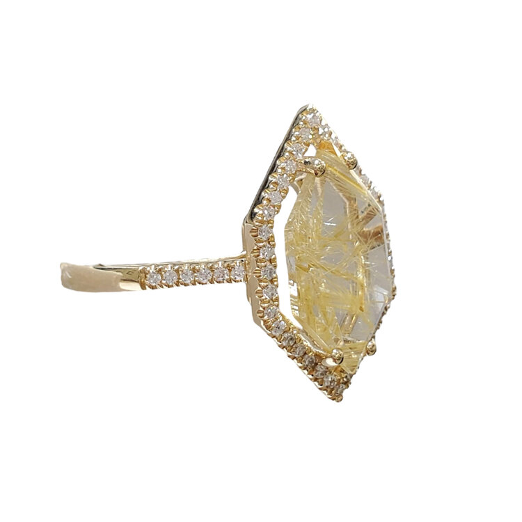 LIVEN C0. (Y) 14KY 2.27RQ .16DIA YELLOW GOLD RING WITH Rutilated quartz CENTER AND 49 ROUND DIAMONDS