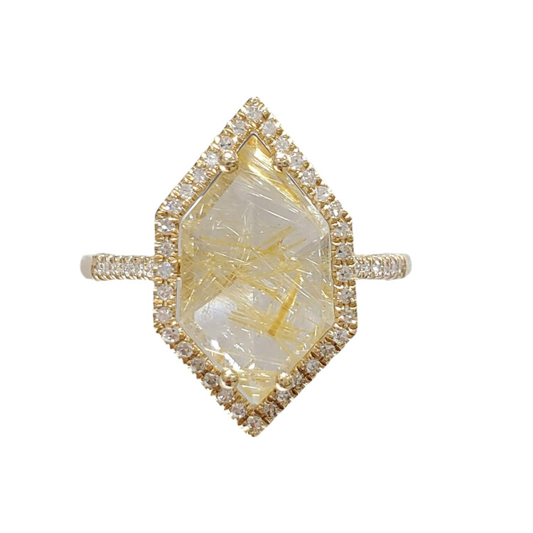 LIVEN C0. (Y) 14KY 2.27RQ .16DIA YELLOW GOLD RING WITH Rutilated quartz CENTER AND 49 ROUND DIAMONDS