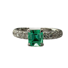 (X)14K .83EM .40DIA WHITE GOLD RING  EMERALD ASSHER CUT  WITH ROUND DIAMONDS