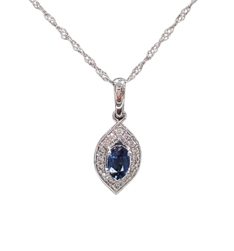 GBC (R)14K SAP .31CT 0.90 GENUINE OVAL CUT SAPPHIRE AND DIAMOND HALO PENDANT
