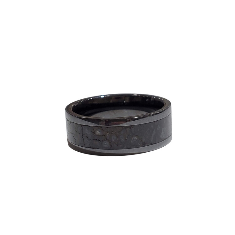 Heavy Stone (R) 8MM BLACK CERAMIC WITH 5MM DINOSAUR BONE INLAYED. MENS BAND