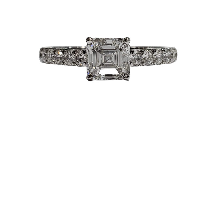 (R)14K 1.25CT LAB .50MTG WHITE GOLD RING,LAB GROWN ASSCHER CUT DIAMOND CENTER VS1 F , ROUND DIAMONDS ON THE SETTING