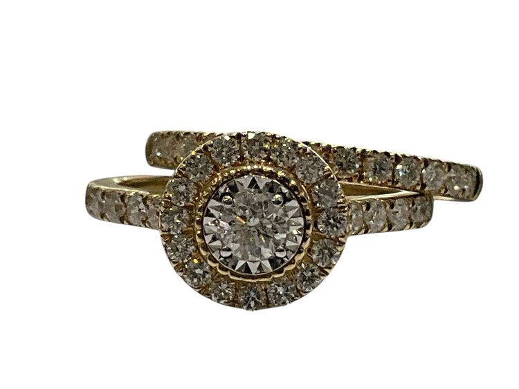 (R) 14K 1.02CT TDW YELLOW GOLD HALO BRIDAL RING SET