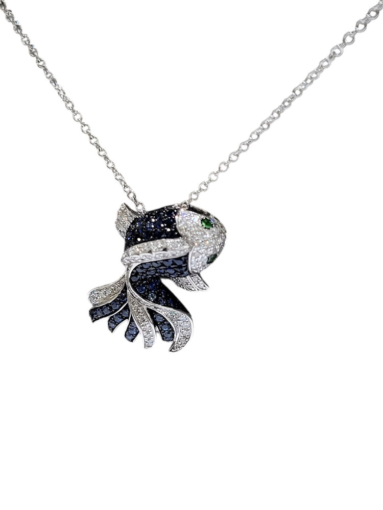 EFFY (X) 14K .31DIA .84GW , 14K WHITE GOLD “FISH” PENDANT WITH SAPPHIRE, DIAMONDS AND TSAVORITE STONES BY DESIGNER “EFFY”