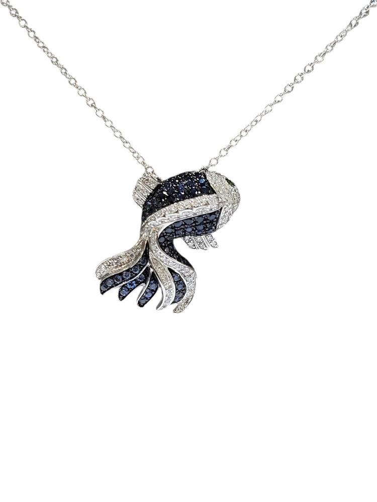 EFFY (X) 14K .31DIA .84GW , 14K WHITE GOLD “FISH” PENDANT WITH SAPPHIRE, DIAMONDS AND TSAVORITE STONES BY DESIGNER “EFFY”
