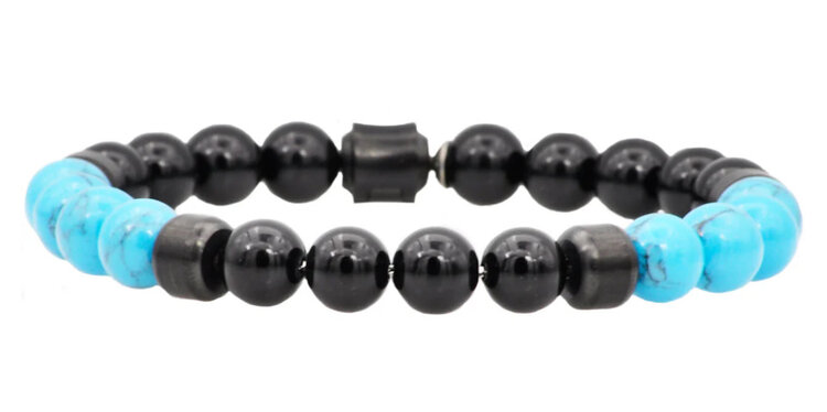 Blackjack (R) MENS GENUINE ONYX AND TURQUOISE STAINLESS STEEL BEADED BRACELET