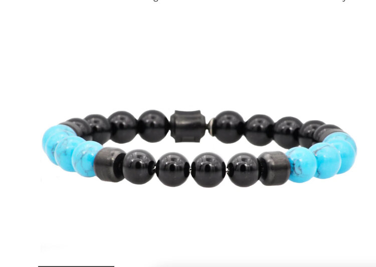 Blackjack (R) MENS GENUINE ONYX AND TURQUOISE STAINLESS STEEL BEADED BRACELET