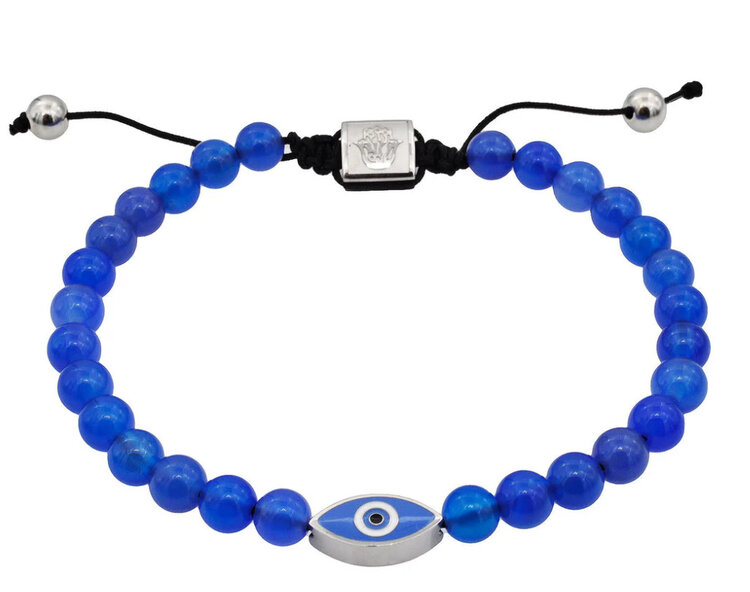 Blackjack (R) MENS BLUE AGATE 6MM BEAD STAINLESS STEEL EVIL EYE BRACELET