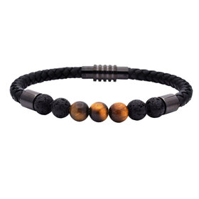 Blackjack (R)TIGERS EYE AND LAVA STONE BLACK LEATHER STAINLESS STEEL BRACELET