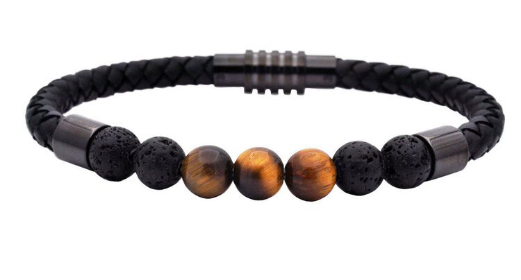 Blackjack (R)TIGERS EYE AND LAVA STONE BLACK LEATHER STAINLESS STEEL BRACELET