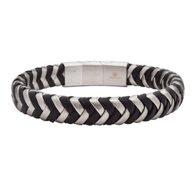 Blackjack (R)TWO TONE HERRINGBONE BLACK AND WHITE LEATHER STAINLESS STEEL BRACELET