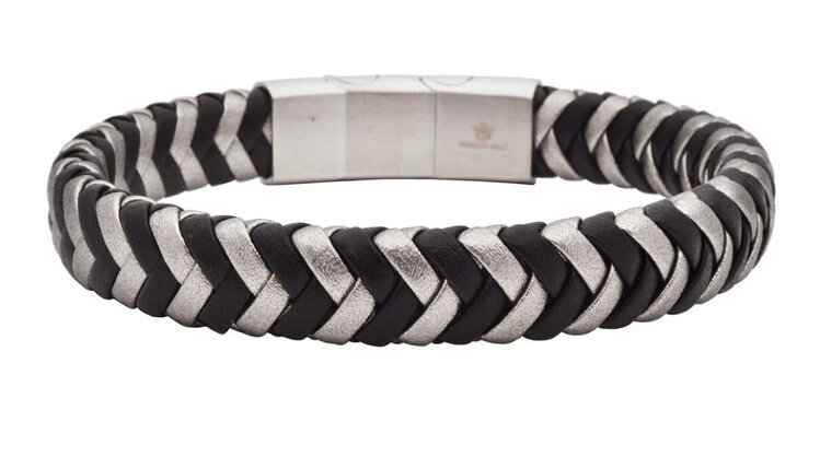 Blackjack (R)TWO TONE HERRINGBONE BLACK AND WHITE LEATHER STAINLESS STEEL BRACELET