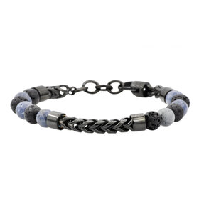 Blackjack (R)LABRADORITE AND ONYX BLACK PLATED STAINLESS STEEL BEADED AND FRANCO LINK CHAIN BRACELET WITH ADJUSTABLE CLASP