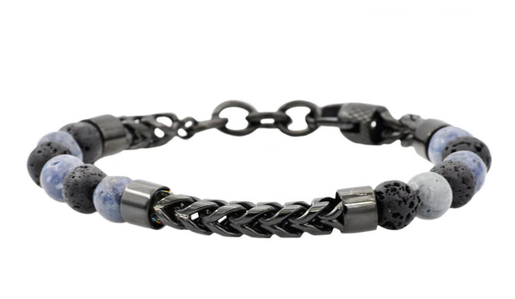 Blackjack (R)LABRADORITE AND ONYX BLACK PLATED STAINLESS STEEL BEADED AND FRANCO LINK CHAIN BRACELET WITH ADJUSTABLE CLASP