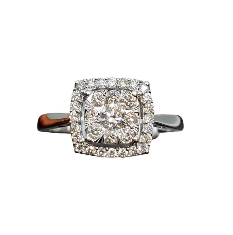 (Y) 14K .60CT SI1 H , 14K WHITE GOLD CUSHION SHAPED ROUND DIAMOND CLUSTER HALO RING
