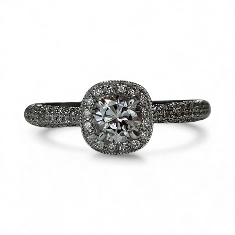 (Y) 14K .51CT SI1 J DIAMOND .50MTG CUSHION HALO BRIDAL RING WITH MICRO PAVE SHANK