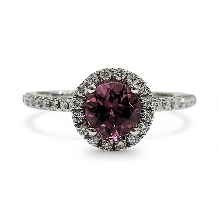 (B)14K .85CT PT .34CT DIA 28132, white gold halo ring, pink tourmaline center