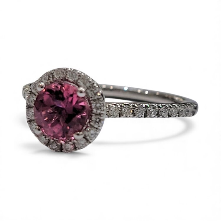 (B)14K .85CT PT .34CT DIA 28132, white gold halo ring, pink tourmaline center
