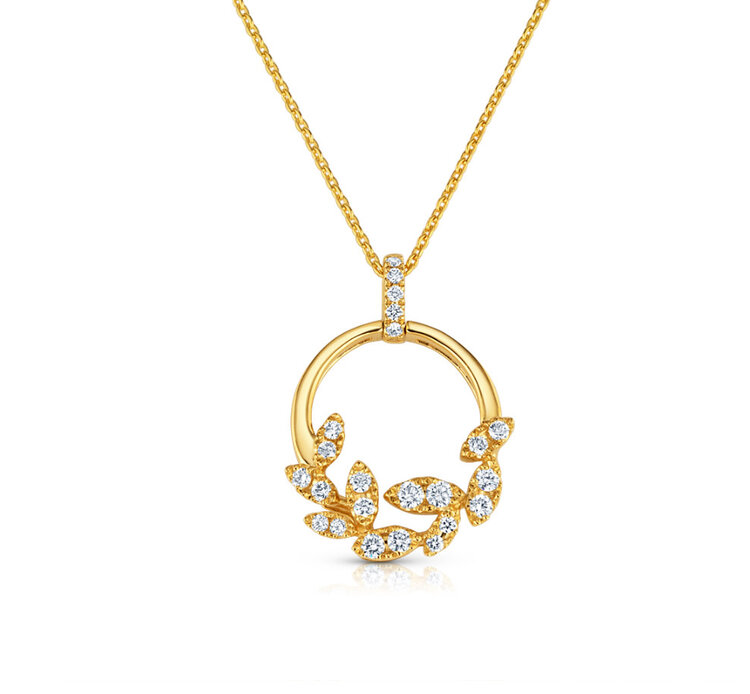 PRIMA NEW YORK M(Y) 14K .27CT DIAMOND ACCENTED LEAF ETERNITY CIRCLE PENDENT