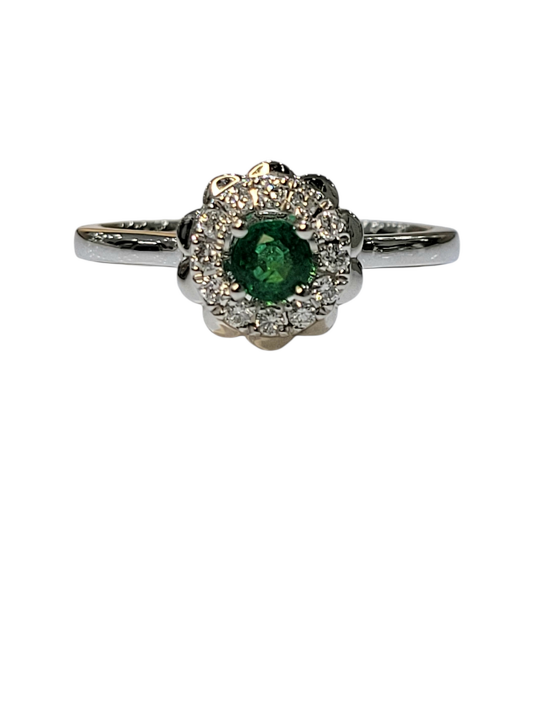 GBC (Z) 14K .24CT EM .15CT DIAMOND DECORATIVE HALO RING WITH GENUINE EMERALD GEMSTONE CENTER